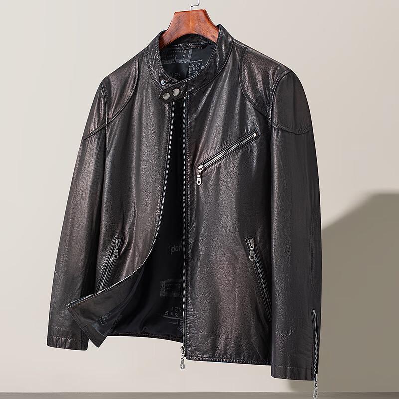 FAPAI Men's Nubuck Cowhide Stand Collar Motorcycle Leather Jacket