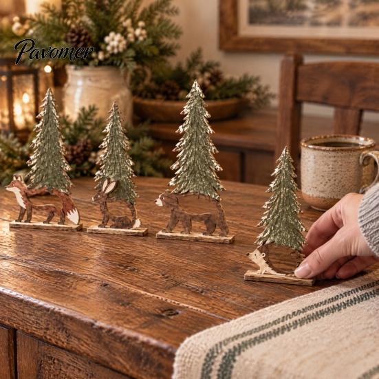 Tabletop Scene Display Accents 4Pcs Christmas Forest Friends Wooden Decor, Vintage Animal & Pine Farmhouse Style Winter Ornaments Tree Figurine, Table