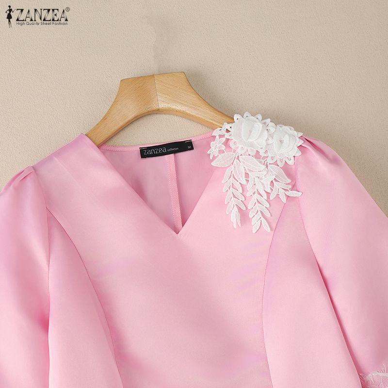 ZANZEA Women Casual V-Neck Lace Crochet Splice 3/4 Sleeve Blouse