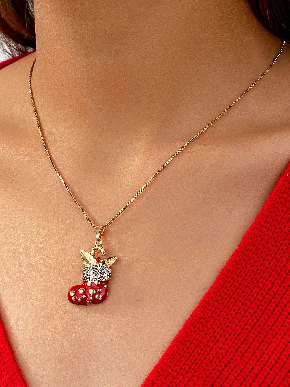 

A Women s Pendant Necklace with a Red Elk Pendant and Red Little Boots Necklace, Christmas Atmosphere Jewelry, Suitable for Christmas Wear and Gif