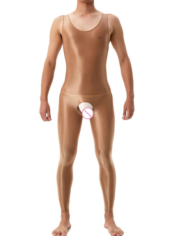 Sexy Crotchless Satin Oil Glossy Shiny Bodysuit Sheer See Through Yoga Tights Elastic Shaping Leotard Jumpsuit Candy Color