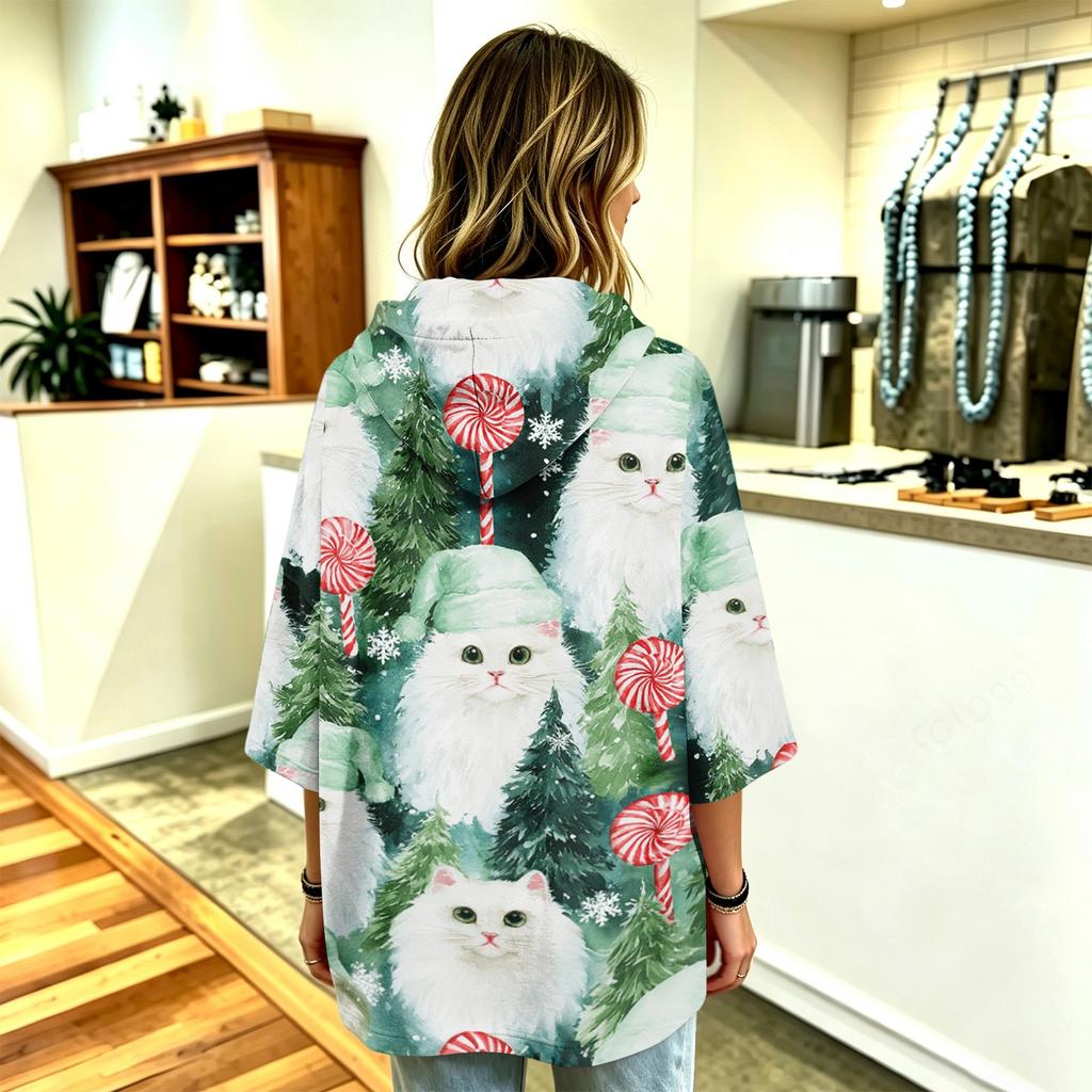 Damen Christmas Print Pullover mit Kapuze und Dreiviertelärm