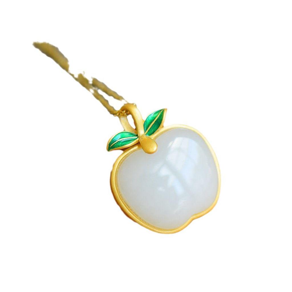 Apple Natural Hetian Jade Pendant Necklace: S925 Sterling Silver, Gold-Plated, Inlaid, Retro National Tide Style, for Women.