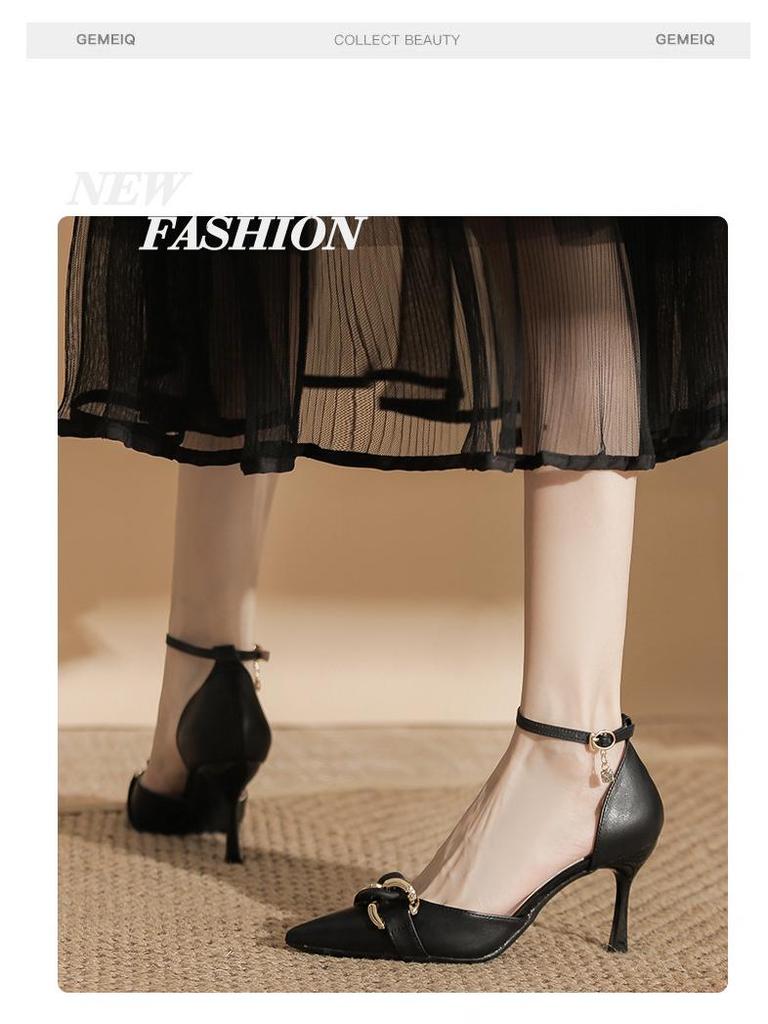 Zyp-LQ Women's Stiletto Pointed Toe Heels, Microfiber Leather, Chain Buckle, Sizes 31-44