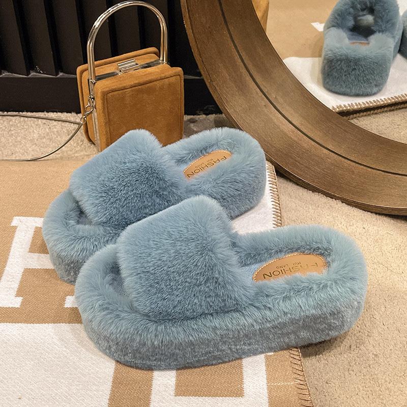Internet Celebrity One-word Fluffy Slippers Women 2025 Autumn and Winter New Popular Versatile Thick Bottom Heightening Plush Cotton Drag Outside Wear