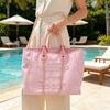 Pearl embroidered beach bag canvas chain bag large capacity handbag shoulder shopping bag women's tote bag