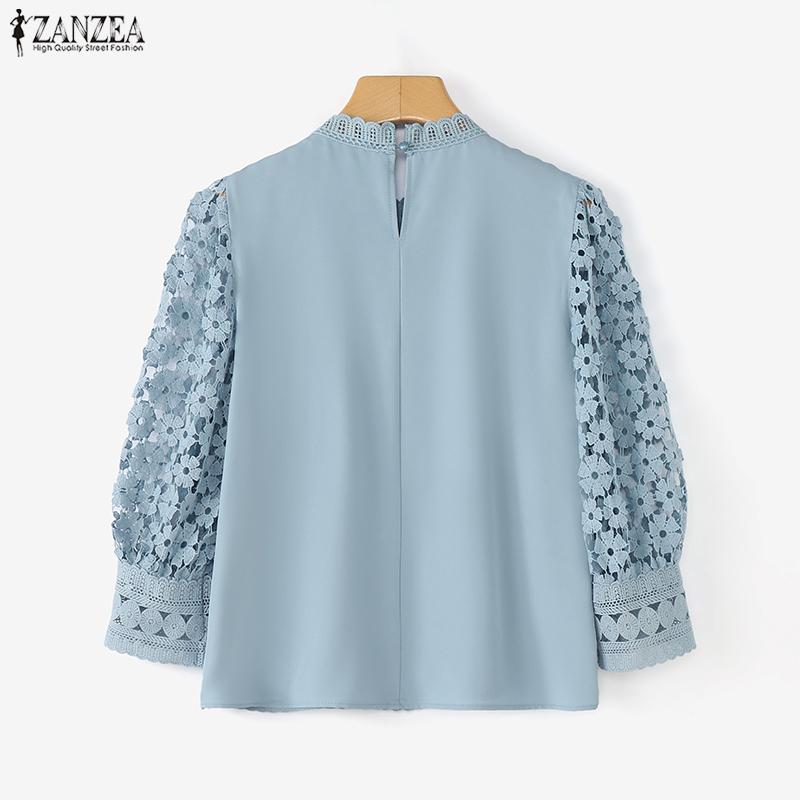 ZANZEA Womens Casual 3/4 Sleeve Loose Patchwork Lace Blouse