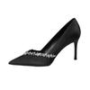 Spot A-327 Black Commuter 2025 New V-mouth pointed rhinestone thin heel satin fashionable versatile high-heeled shoes