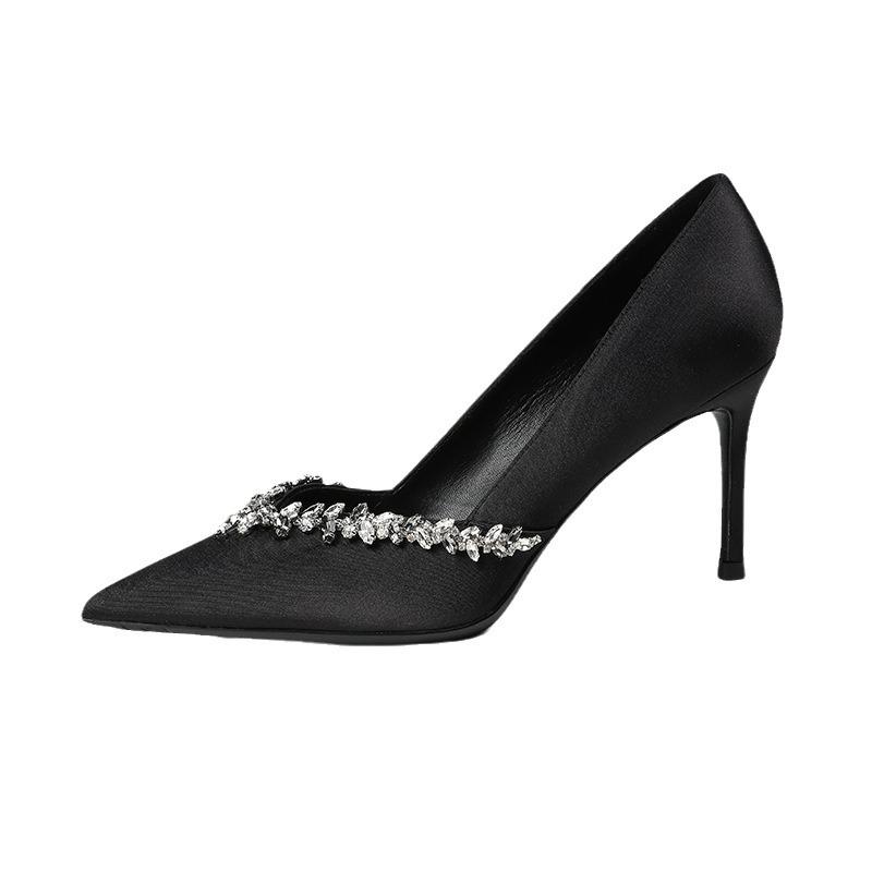 Spot A-327 Black Commuter 2025 New V-mouth pointed rhinestone thin heel satin fashionable versatile high-heeled shoes