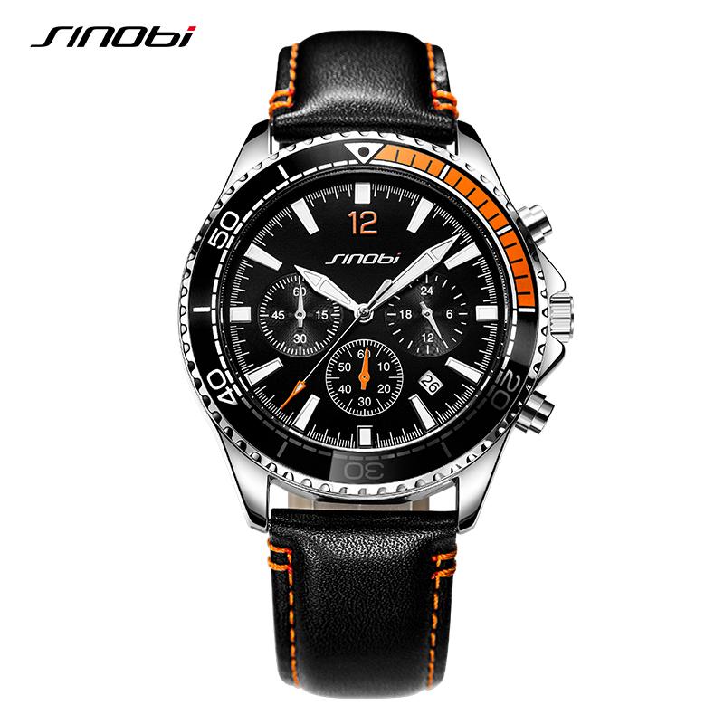 

Sinobi оригинальные новые дизайнерские мужские кварцевые наручные часы с хронографом, мужские часы с кожаным ремешком, светящиеся стрелки, мужские часы Relojio чёрный