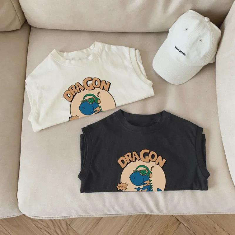 2024 Fashionable Dinosaur Cartoon Sleeveless Cotton T-Shirt for Boys & Girls - Summer Casual Top