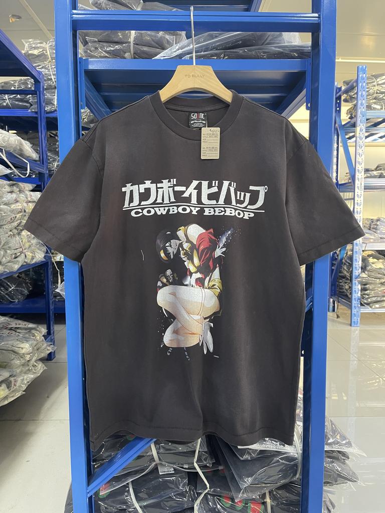 ss Highquality Anime Portrait Pattern Print Vintage Washed Cotton Short Sleeved High Street Casual Loose Round Neck Tshirt