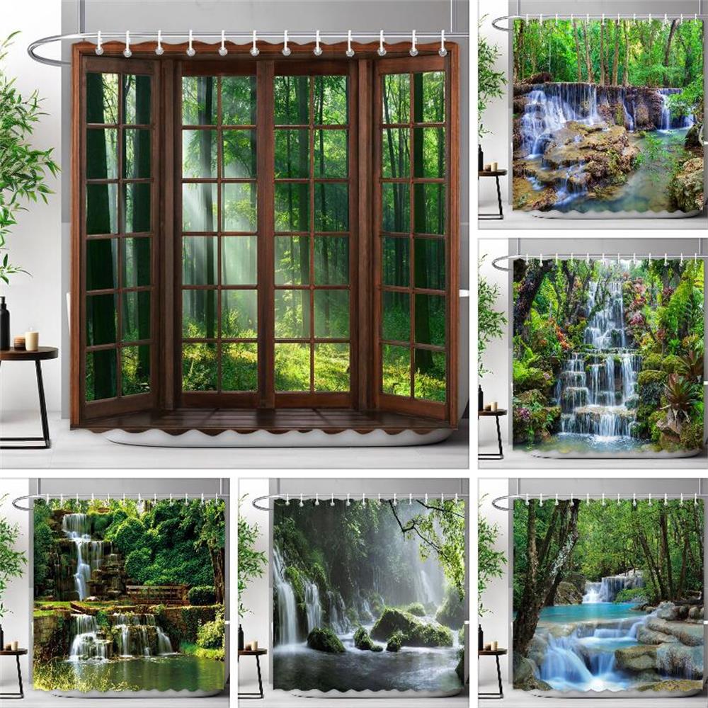 Monika Chen Outdoor Scenic Shower Curtain Waterfall Landscape Nature Landscape Tropical Forest Polyester Fabric Shower Curtain Bathroom Deco