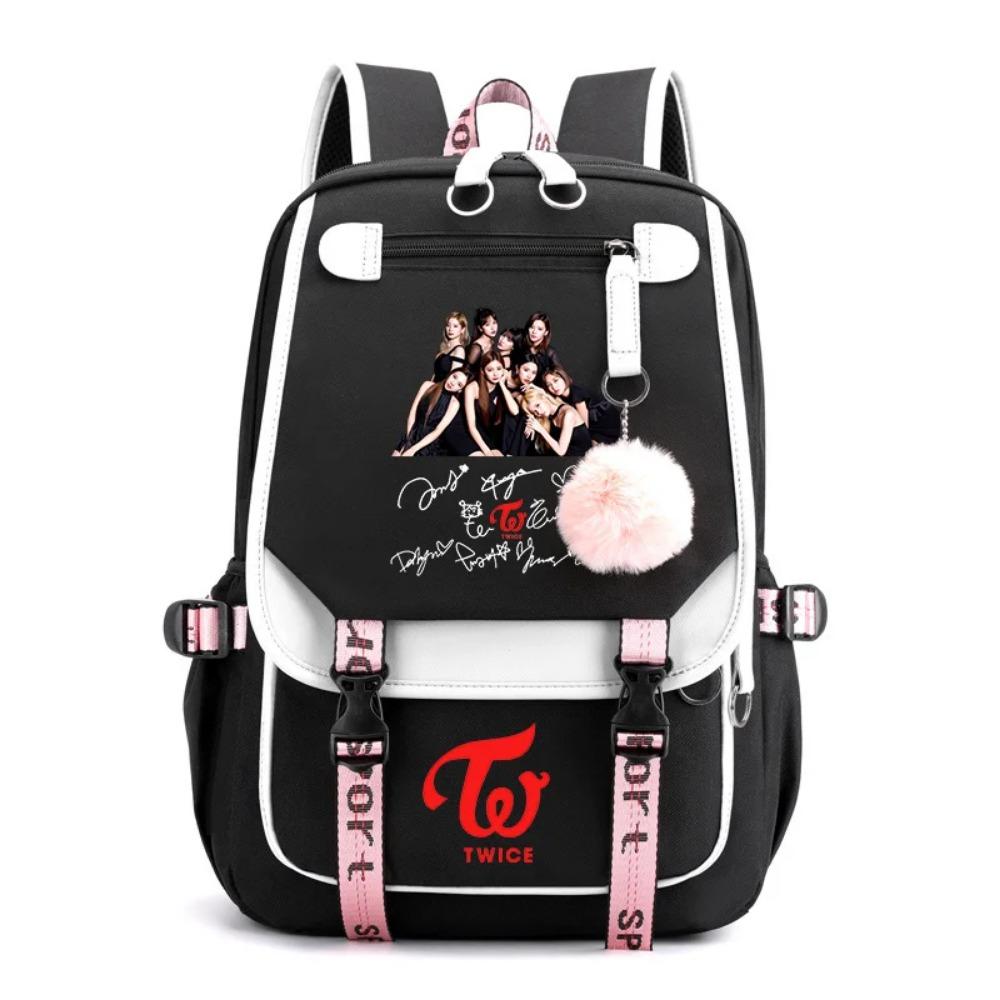 Korean K-POP Elements Pattern Backpack Fashion Casual High Quality USB Zipper Backpack K-POP Combination Pattern Backpacks