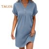 Summer Mini Dress Short Sleeves V Neck Loose Pure Color Dress Bohemian Buttons Casual Dress for Beach Vacation Daily Wear