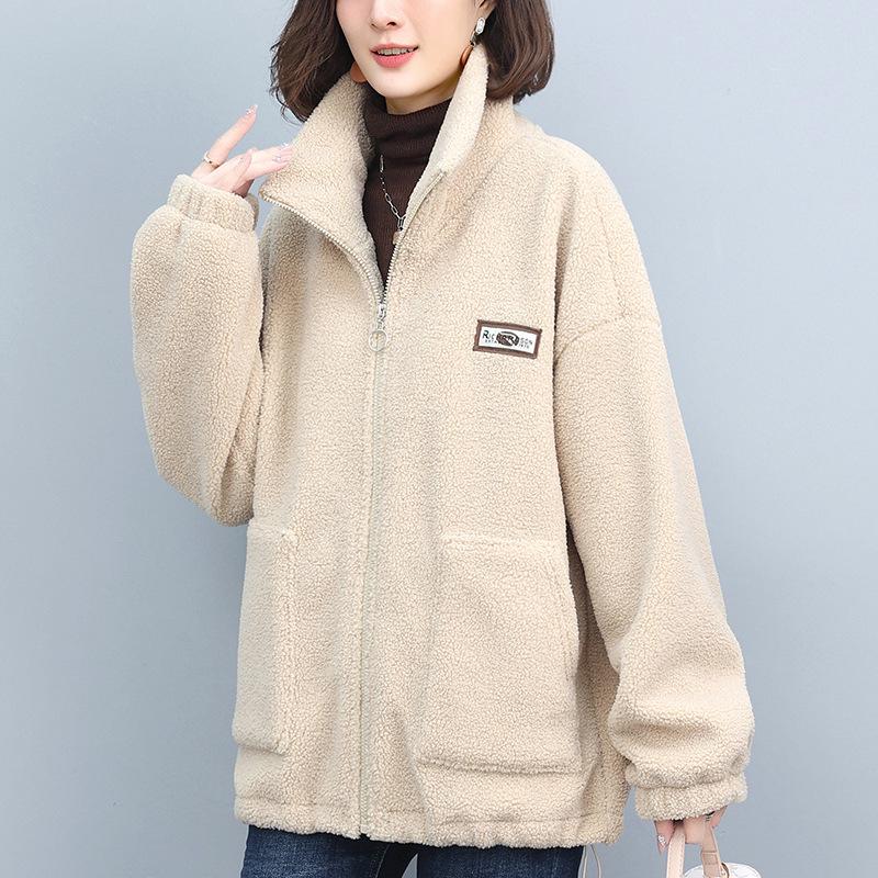 

Женская куртка большого размера на флисовой подкладке из искусственной овечьей шерсти - Осень/Зима 2024 Повседневный стиль для мам среднего возраста XXXL (163-175 jin)