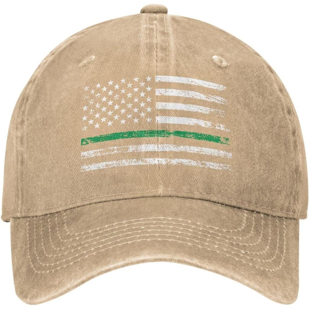 Thin Green Line American Flag Baseball Cap Distressed Washed Denim Style Adjustable Dad Hat