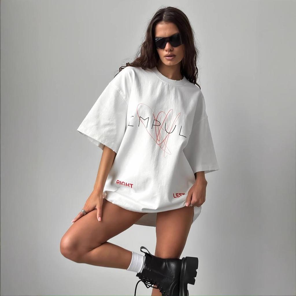 Women's American Letter Print Crew Neck Short Sleeve T-Shirt - Trendy, Loose, Casual, Versatile Top.