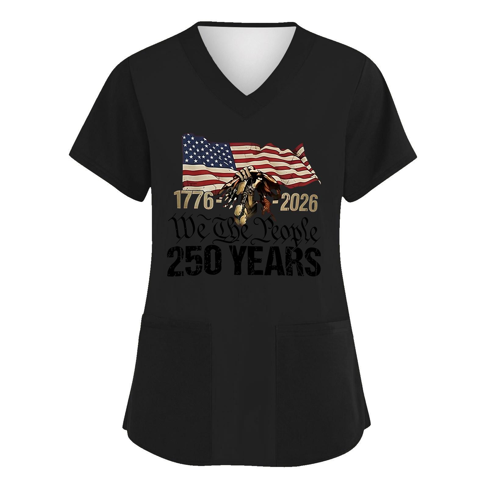

Women V Neck Short Sleeve Scrub Top with Pockets 250 Years We The Printed for Healthcare Professionals L чёрный