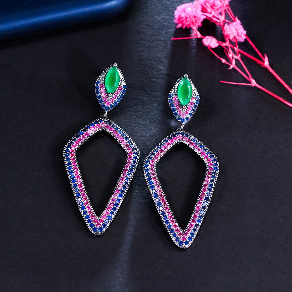 Light Luxury Heavy Industry Exaggerated Color Zircon Earrings, Needle Geometric Rhombus Earrings Earrings