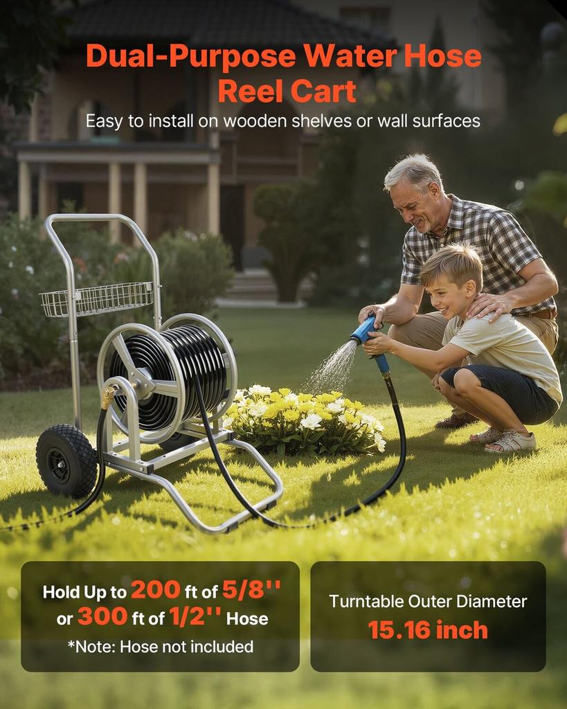 Water Hose Reel Cart, 6096/9144 Cm High-Pressure Garden Hose Cart, Hoses Reel Carts with Two Wheels, Handle & Heavy-Duty Mesh Storage Basket,