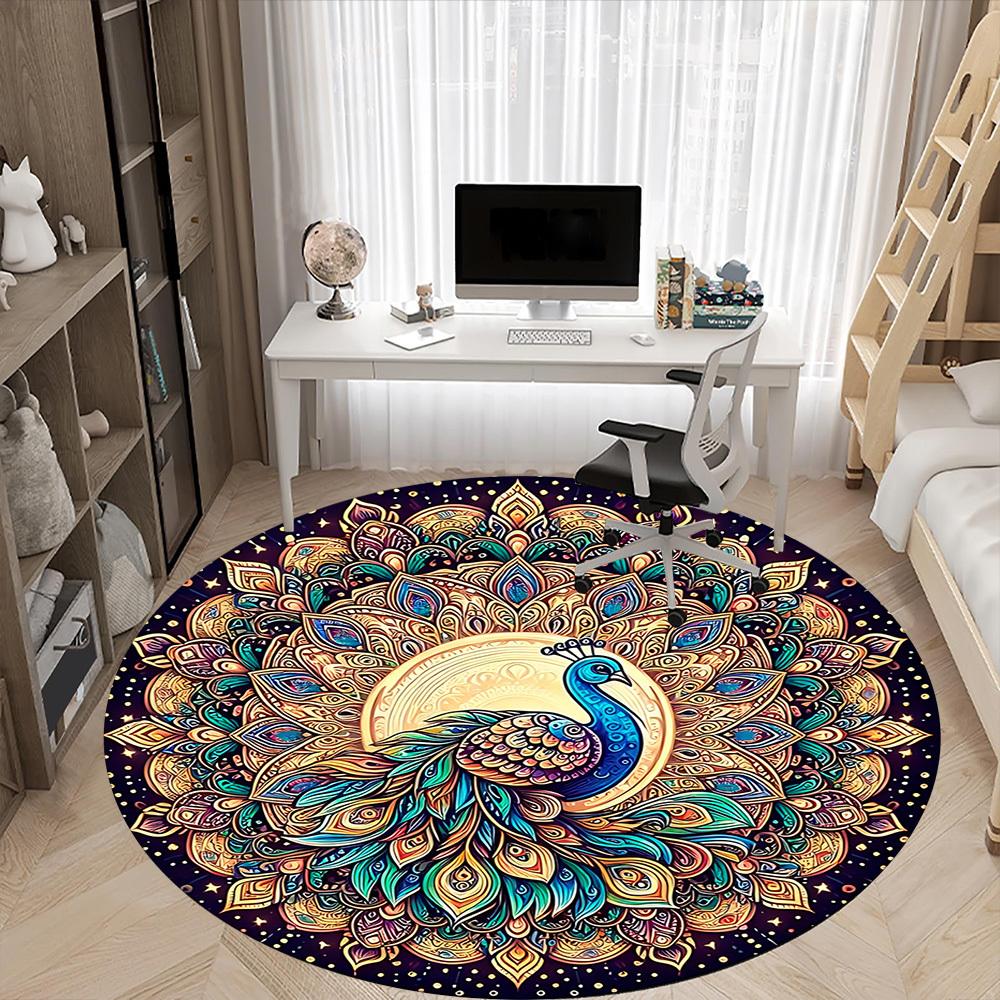 1 Stück Pfauen Mandala Kunstwerk Büro Runder Teppich, Rutschfest, Weicher und Langlebiger Büroteppich für Innendekoration, Perfekt für das Büro
