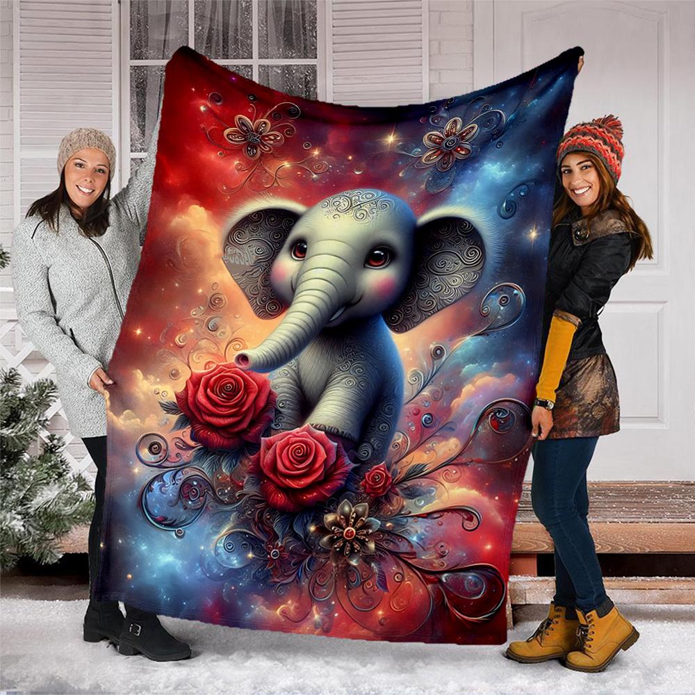 1pc Elephant Roses Fantasy Outdoor Flannel Blanket , Machine Washable Perfect Gift for Birthday , Holiday Travel Accessory , Durable Material