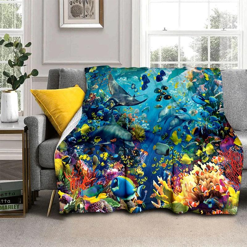 3D Underwater World Seabed Cartoon Blanket,Soft Throw Blanket for Home Bedroom Bed Sofa Picnic Travel Office Cover Blanket Kids