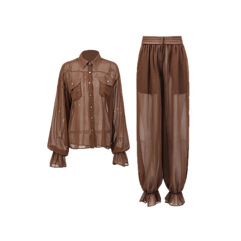 Temperament Casual Fashion Suit Women's Elegant Lapel Long-sleeve Shirt + High-waist Loose Cage Pants