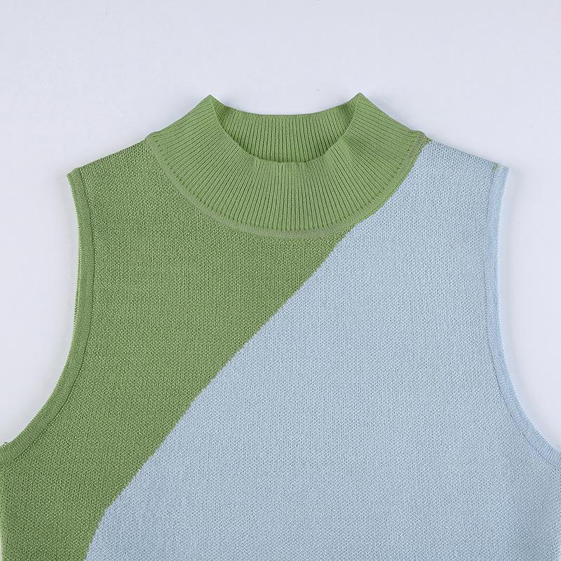 Síťový trend Nové geometrické prošívání Kontrast barvy Tenký balíček Tužková sukně s kulatým výstřihem sukně bez rukávů Pletené dámské šaty