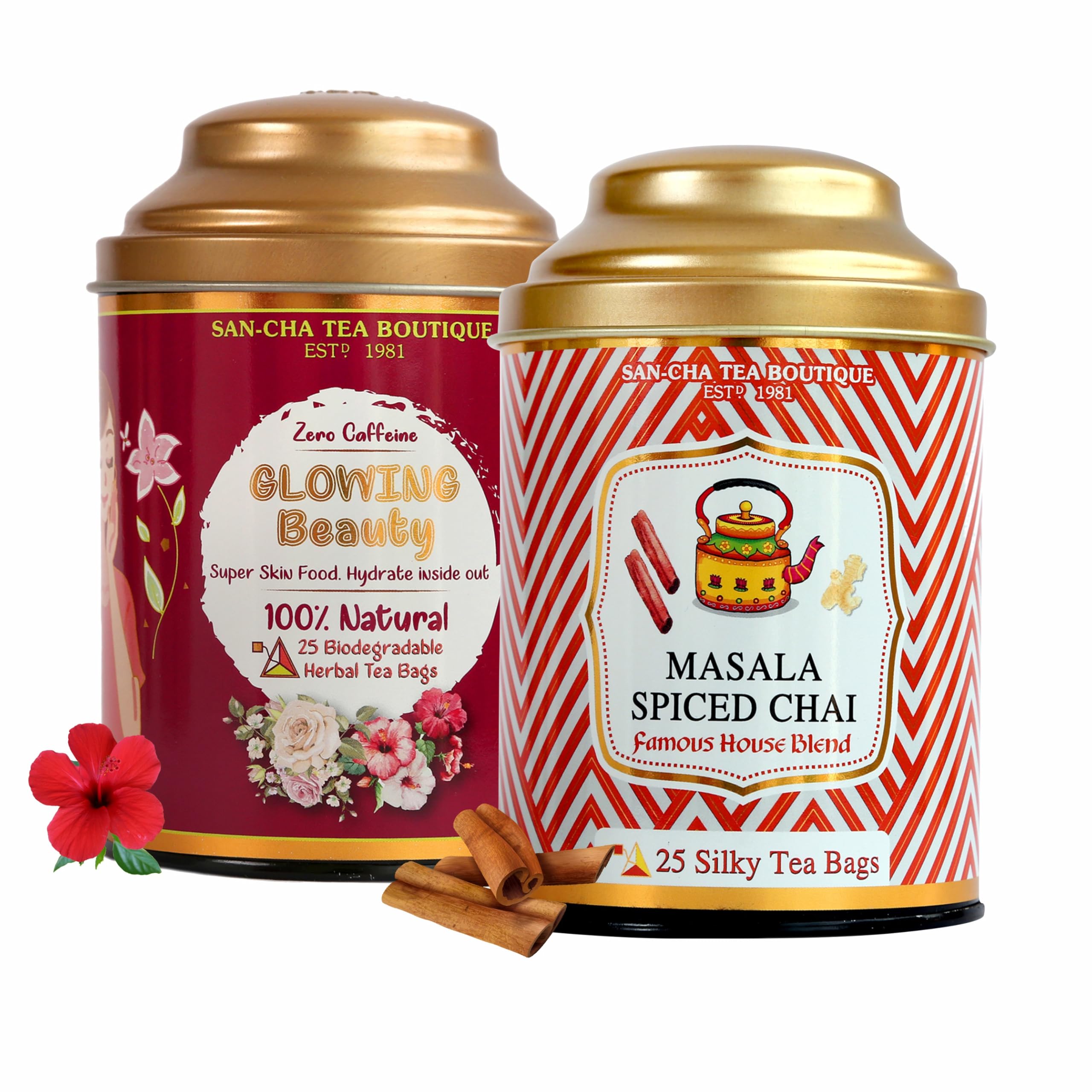 Sancha Tea Boutique, Glowing Beauty & Masala Chai (25 Pyramid Bags x 2), Herbal & Spiced Blend with Cardamom, Cinnamon & Ginger