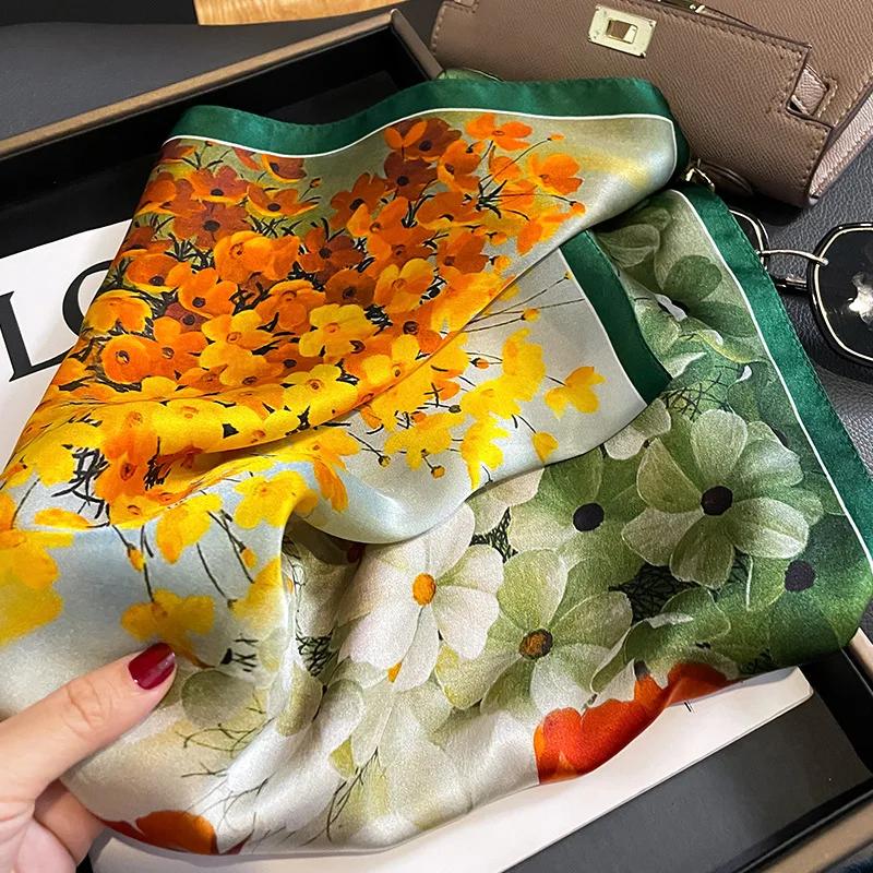 Flower 100% Real Silk Scarf Women Small Luxury Brand Handkerchiefs Hair Ribbon Headband Design Square Neckerchief Female Bandana