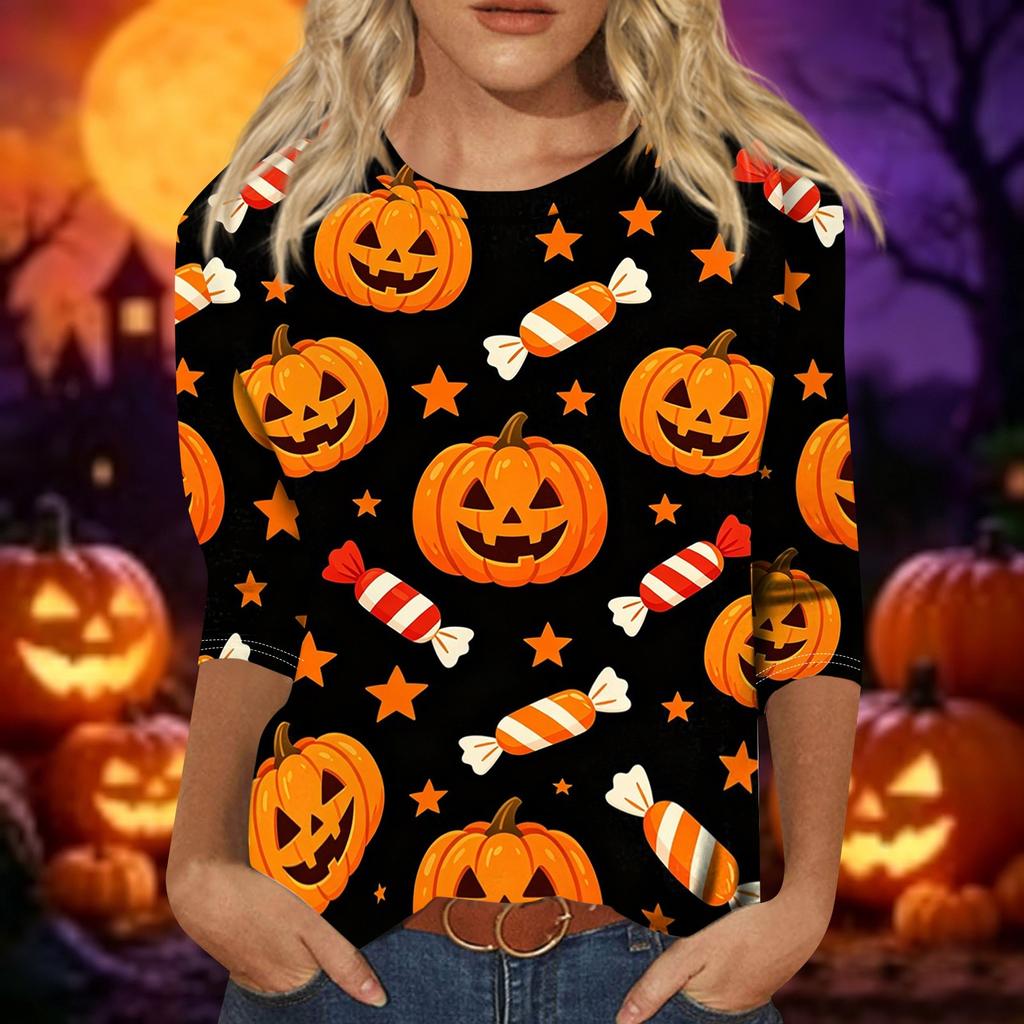 Women's Casual Halloween Print 3/4 Sleeve Round Neck Top Lightweight Soft Fabric Pullover Shirt for Everyday Wear