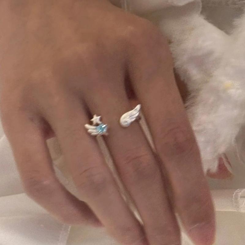 Cute Silver Angel Wings Star Ring For Women Adjustable Open Ring Personality Jewelry Accessories Gift
