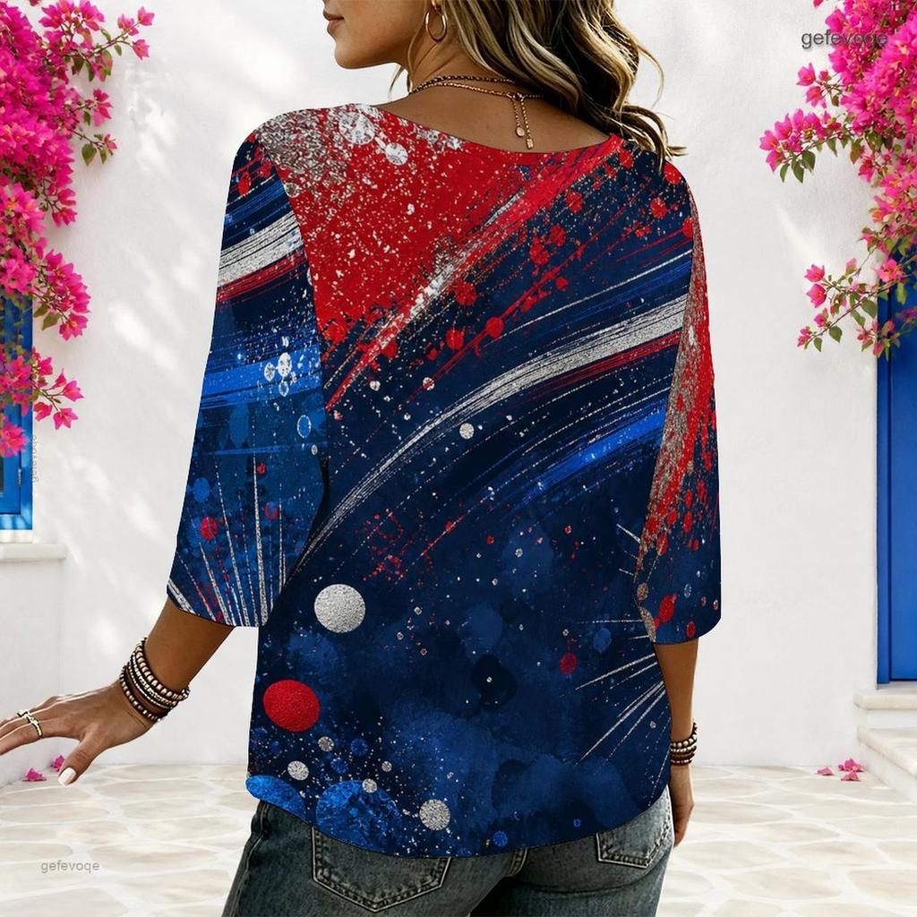 Women Plus Size Round Neck Half Sleeve Red White Blue Printed Loose Curved Hem Blouse
