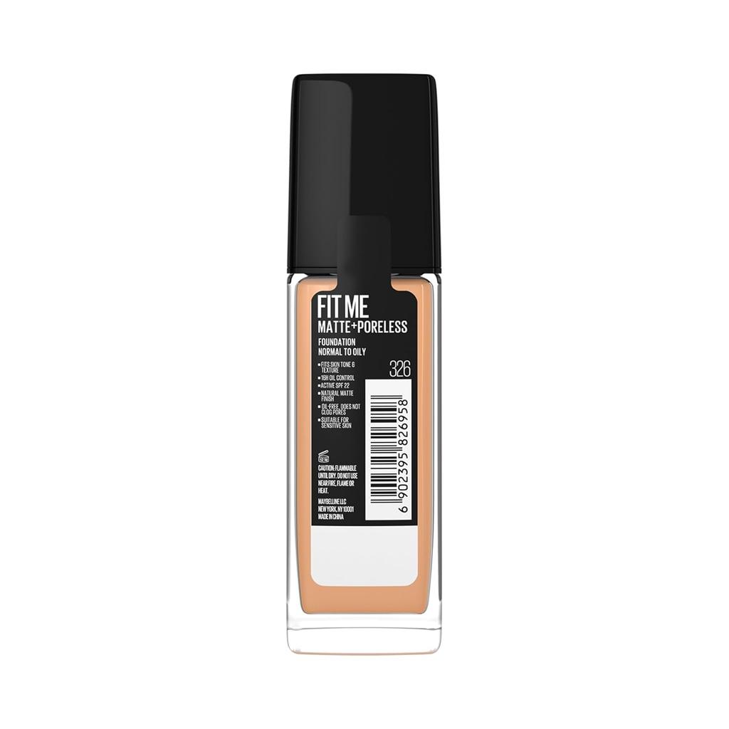 Maybelline New York Fit Me Matte + Poreless Liquid Foundation 326, 30 Ml Pack Of 1 Full Coverage Oil Control SPF 22 Warm Tan