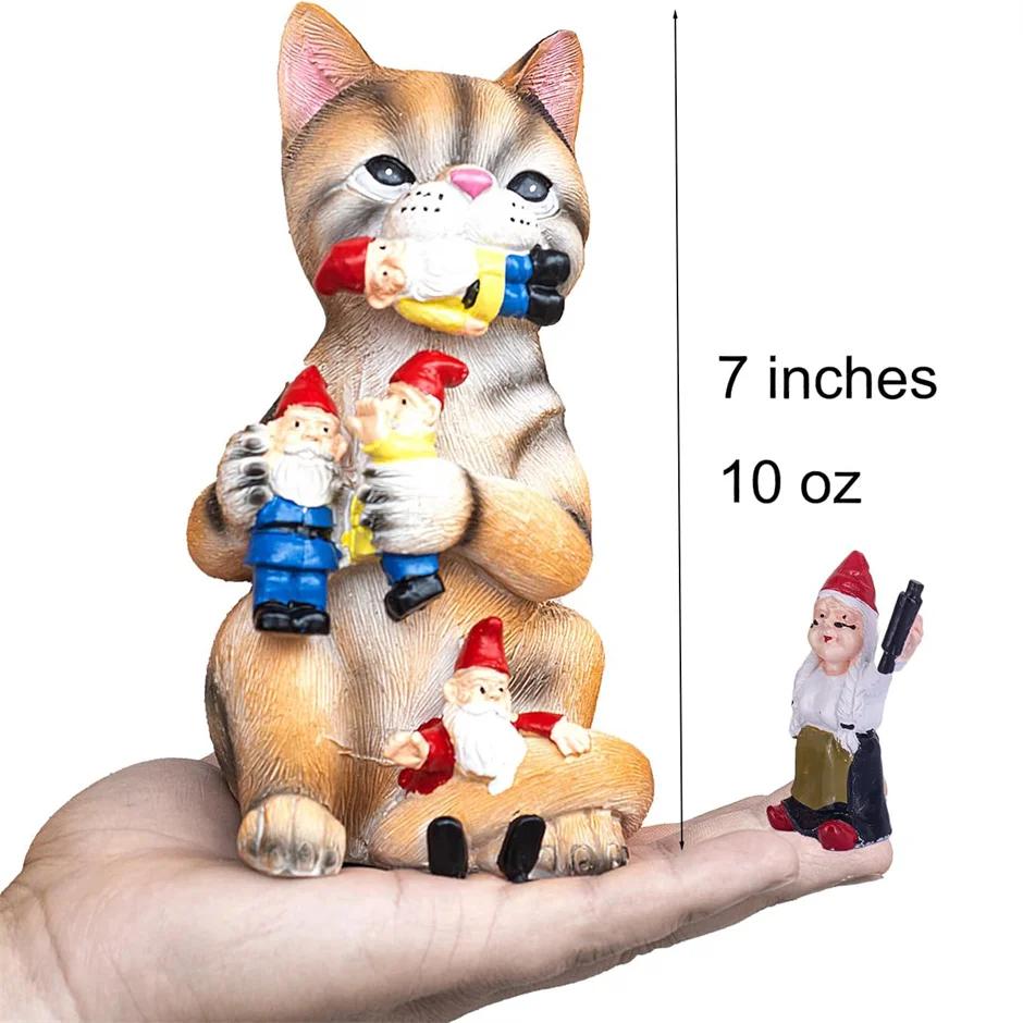 Zwerg mampfende, schelmische Katze, urkomische, katzenfressende Zwergenstatue aus Kunstharz, Gartenskulpturen, Statuen zur Einweihungsfeier von Katzenliebhabern