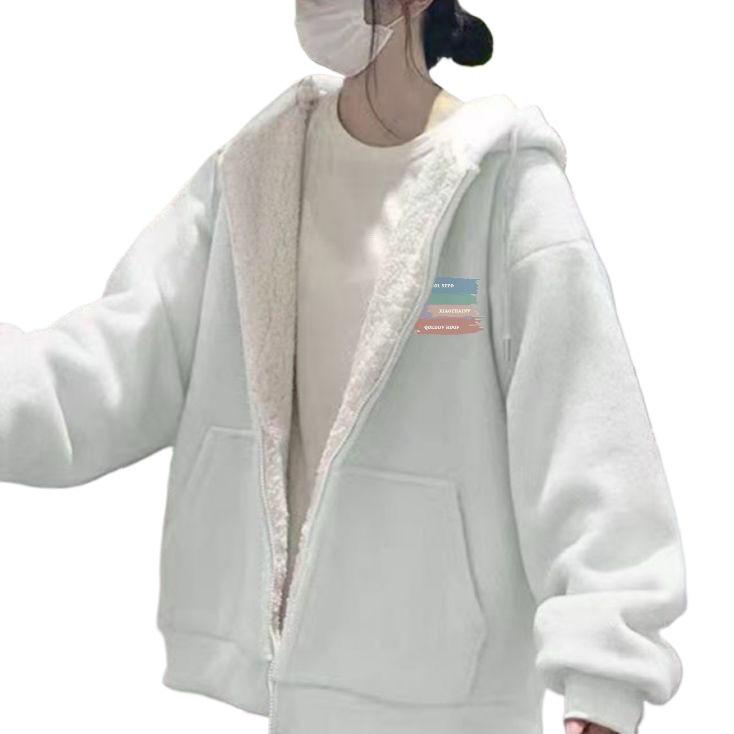 Women's Lambswool Hooded Sweatshirt - Winter 2025 Style, Plus Velvet, Thickened, Loose Cardigan, Trendy and Warm Outerwear for Students.