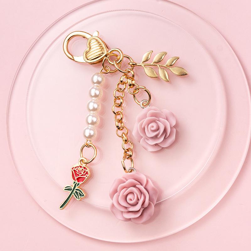Fashion Imitation Pearl Flower Cute Sakura Rose Plush Ball for Women Girls Car Phone Pendant Accessorie Bag Charm
