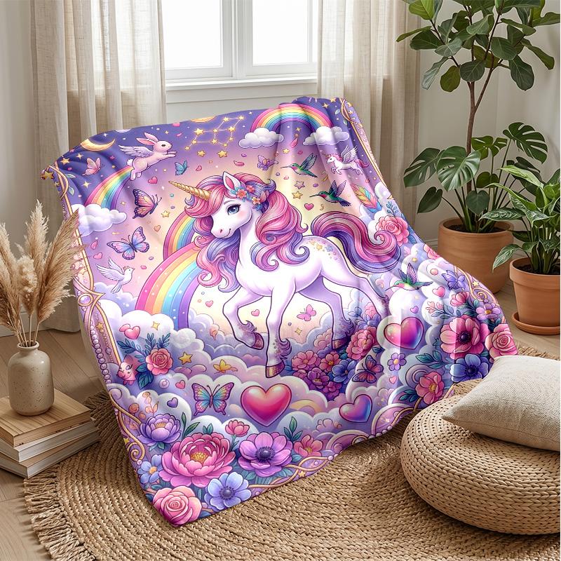 Fantasy Unicorn with Flowers Theme Blanket Lightweight Warm Flannel Blanket Decorative Throw Blanket for Home Decoration