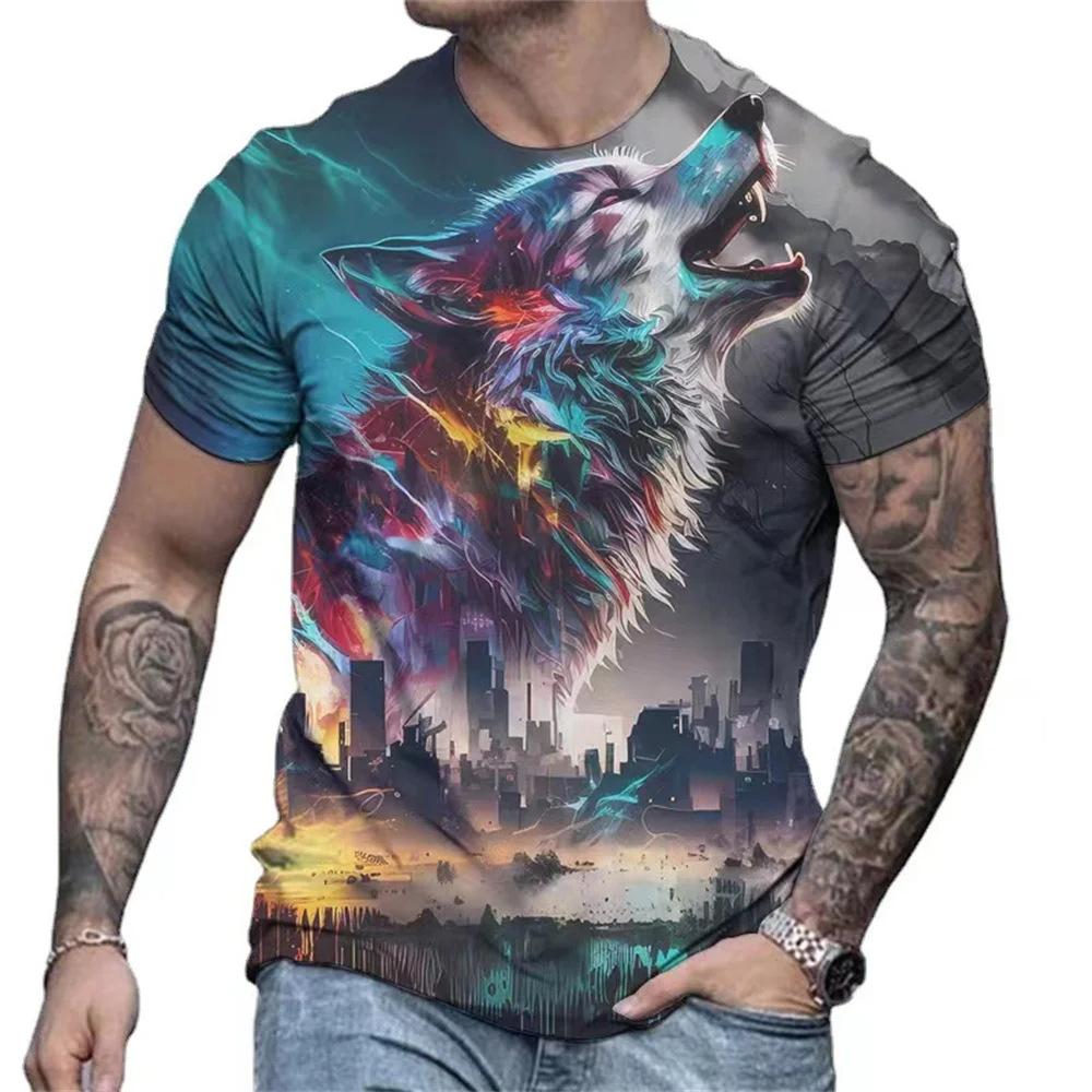 Fashionable Animal Lion Pattern 3D Digital Printing Men's Round Neck Short Sleeved T-shirt