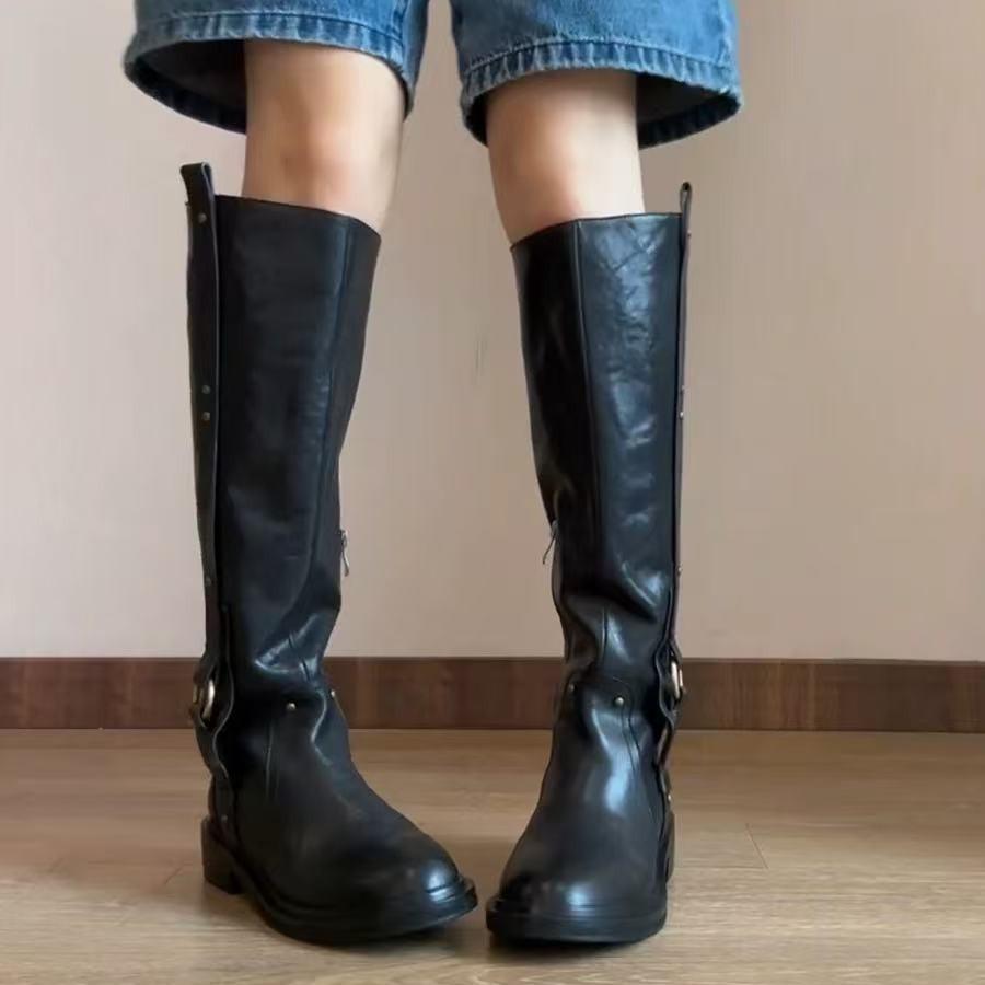 Cowhide version~ Heroic but knee high boots women's knight boots round head thick heel 2025 autumn and winter Martin boots