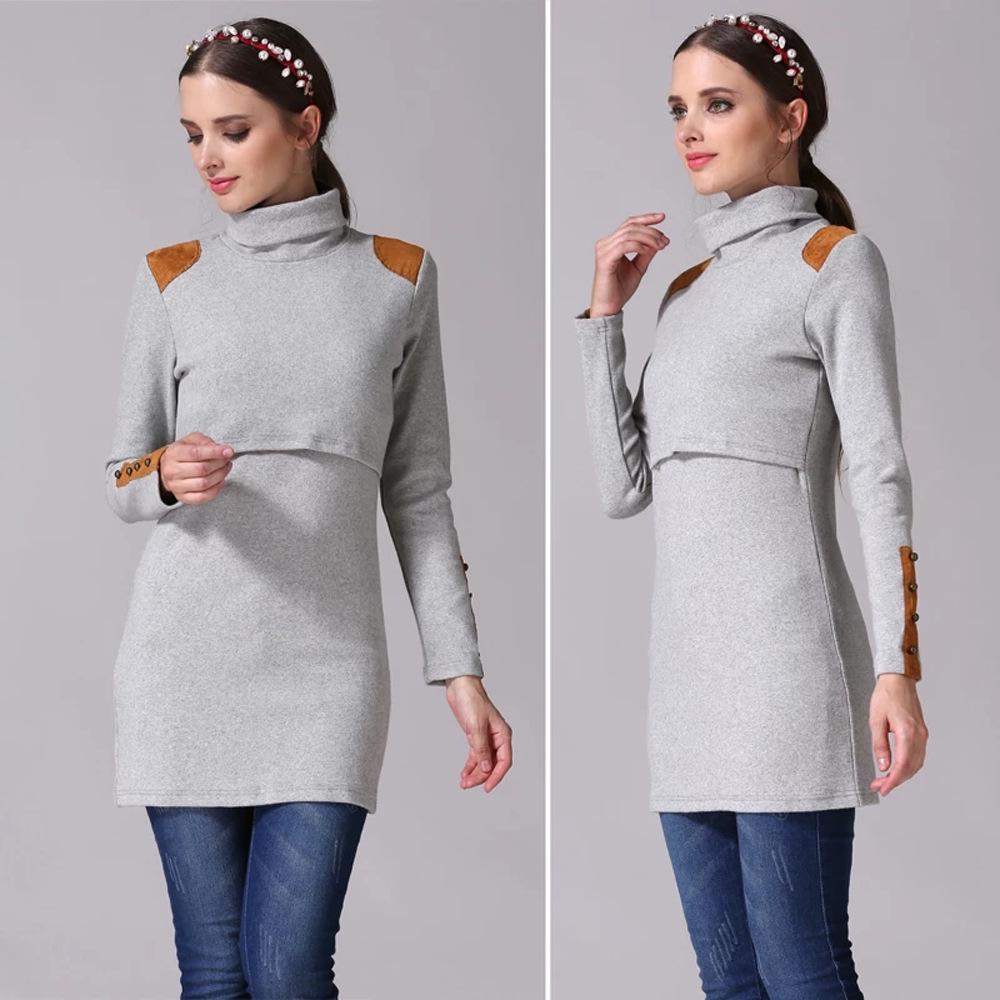 Warm High Neck Slim Fit Nursing Maternity Top with Integrated Bra for Autumn/Winter