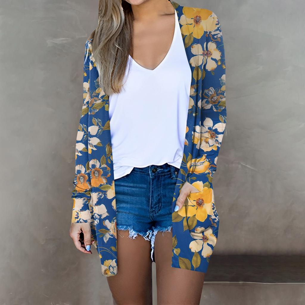 Women's Fashion Casual Floral Print Long Sleeve Midi Cardigan Jacket Tops