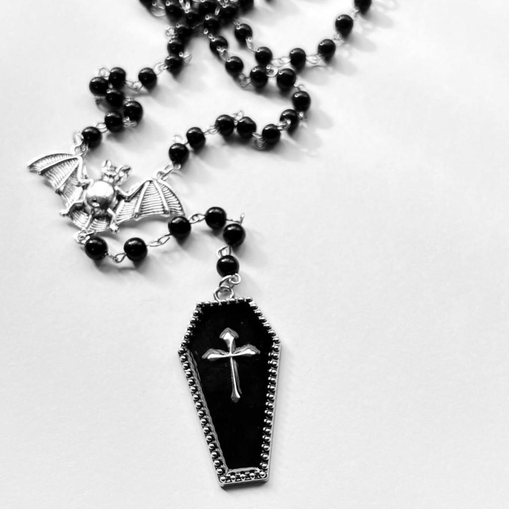 Dark Y2k Goth Bat Cross Beaded Necklace With Alloy Chain For Fashion Lovers