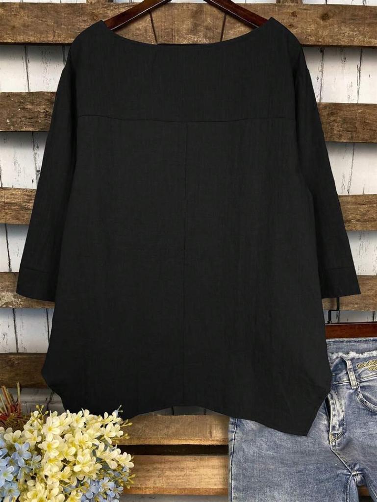 2025 Summer Fashion Plus Size Women's Round Neck Pocket Solid Color Irregular T-Shirt