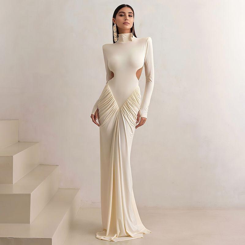 

# Sisjuly# European and American Sexy Gold Madeline Pleat Backless Design Stand Collar Fishtail Long sleeve dress Women Light apricot S