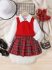 2026 Autumn Style: European & American Girls' Knit Vest, Long-Sleeved Shirt, Plaid Skirt Set