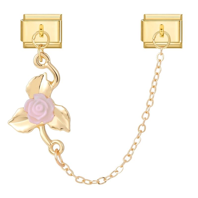 Gold Color Pink Zircon Flowers Rose Leaves Tassel Chain DIY Italian Charm Links Fit 9mm Stainless Steel Bracelet for Men Women