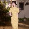 Yellow Vintage Chinese-Inspired Long Cheongsam Dress Women Short Sleeve Retro Daily Wear Bamboo Linen Blend